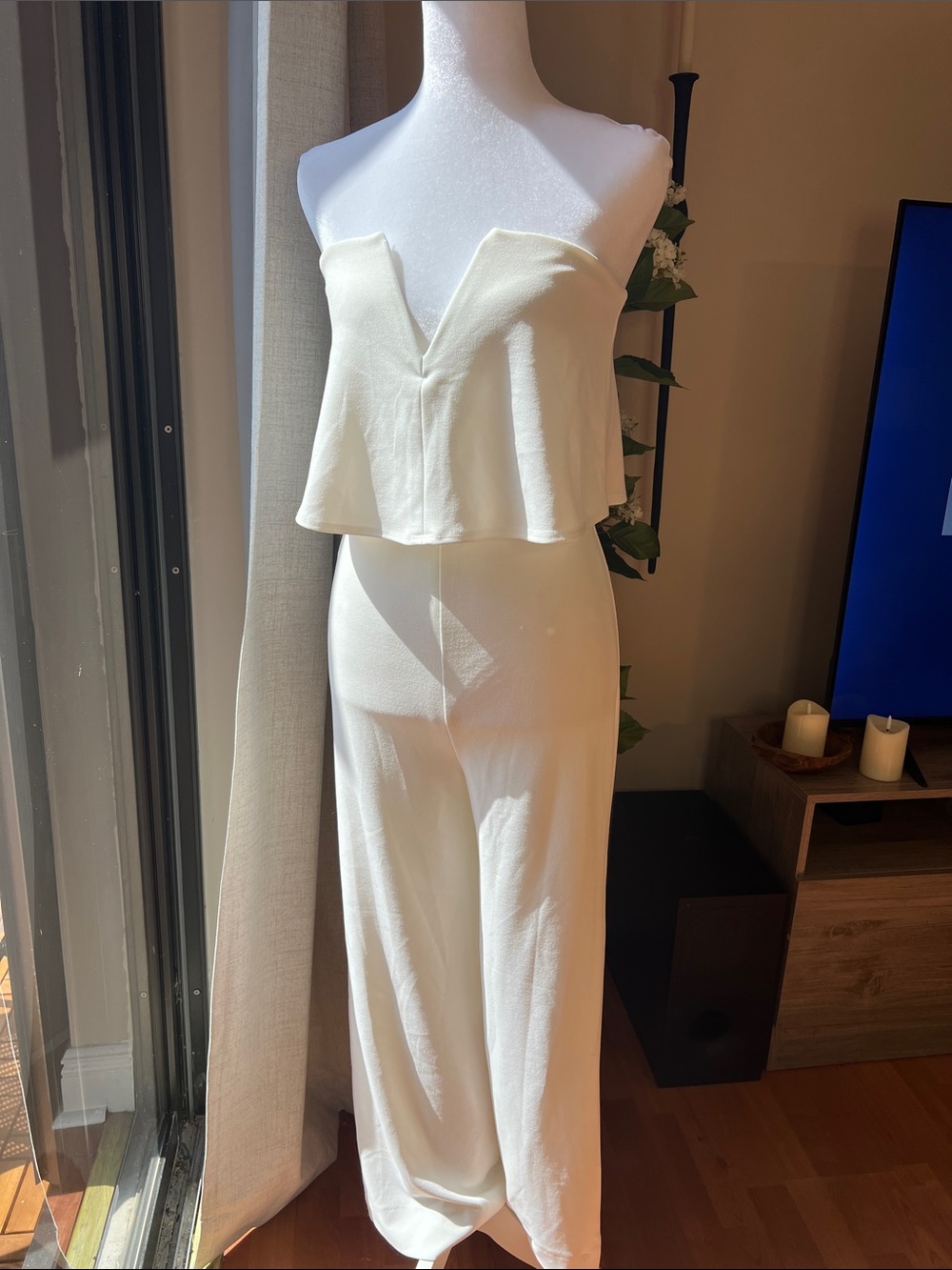 Lulu's Cream Strapless V-Front Wide-Leg Jumpsuit